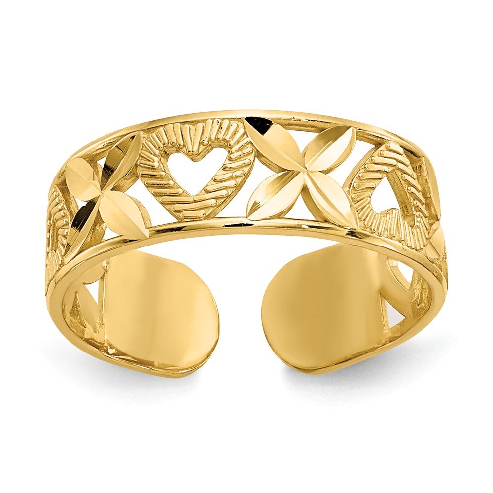 14K Yellow Gold Shiny-Cut X & Heart Toe Ring for Women - Elegant Summer Beach Jewelry, Boho Wedding Accessory, Pedicure Party Gift