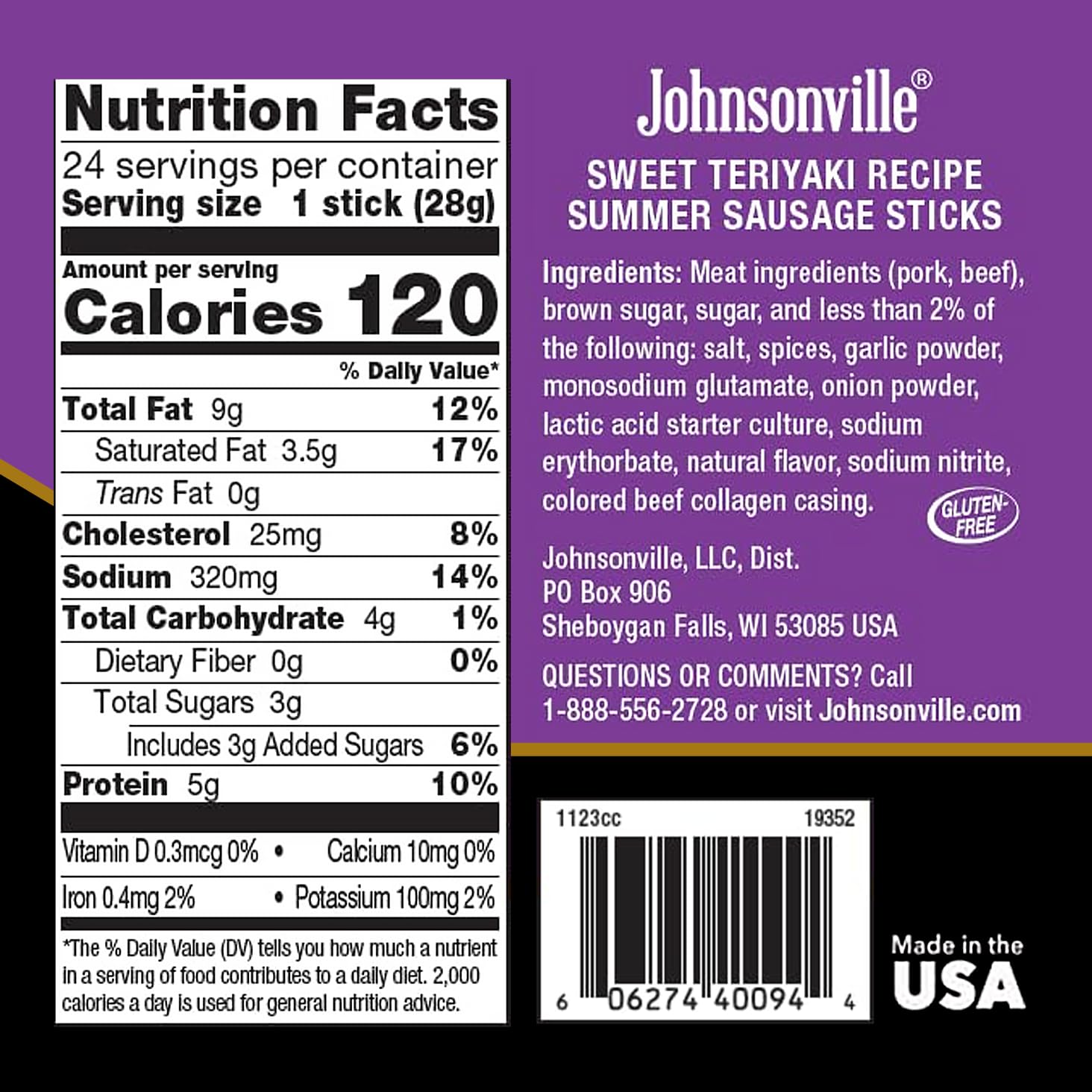 Johnsonville Summer Sausage Snacks - Gluten Free, Dairy Free Protein Sticks, Sweet Teriyaki Flavor (24-Pack) - Perfect for Hiking & Road Trips