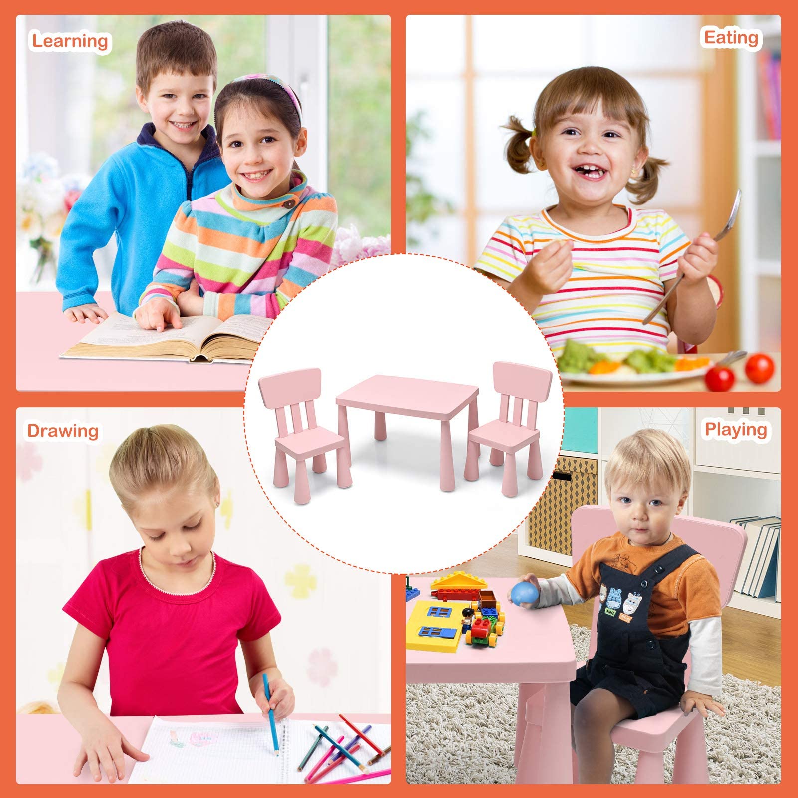 Costzon Kids Table and Chair Set - 3-Piece Plastic Toddler Activity Table for Reading, Drawing, Arts & Crafts, Snack Time - Perfect for Preschool, Kindergarten & Playroom - Easy to Clean (Pink) - Ideal for Learning, Playtime & Creative Activities at Home