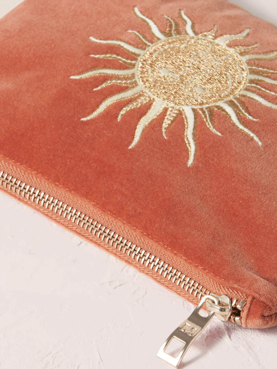 Elizabeth Scarlett Velvet Mini Pouch - Rust Sun Goddess Design | Elegant Small Clutch for Women | Perfect for Parties, Weddings & Evening Events