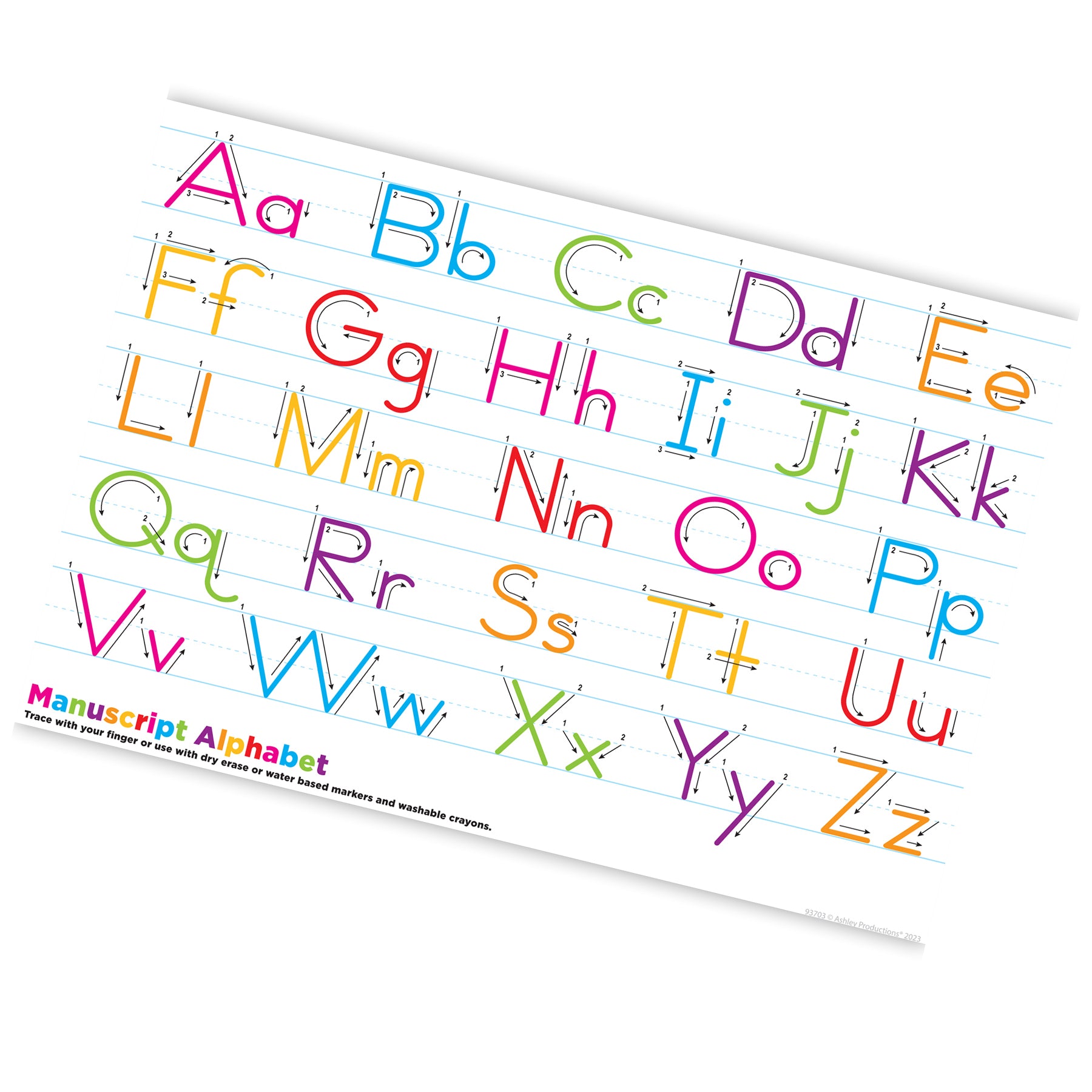 Ashley Productions Smart Poly Manuscript Handwriting Learning Placemat - Pack of 10 | Reusable Educational Placemats for Kids | Perfect for Homeschooling & Classroom Writing Practice