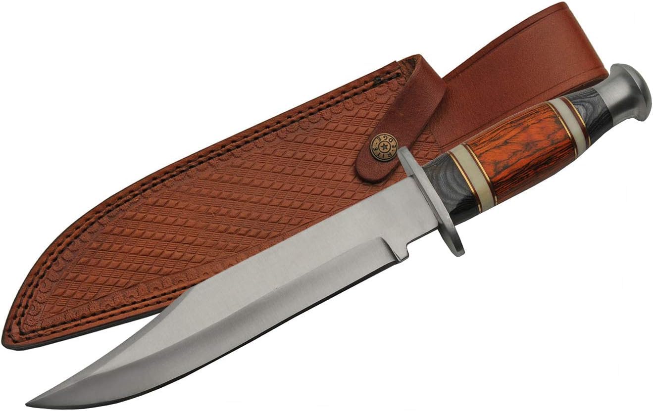 Rite Edge Bowie Knife - 14 Inch Stainless Steel Hunting Knife with Wood Handle & Leather Sheath | Outdoor Survival, Camping, Hunting Gear