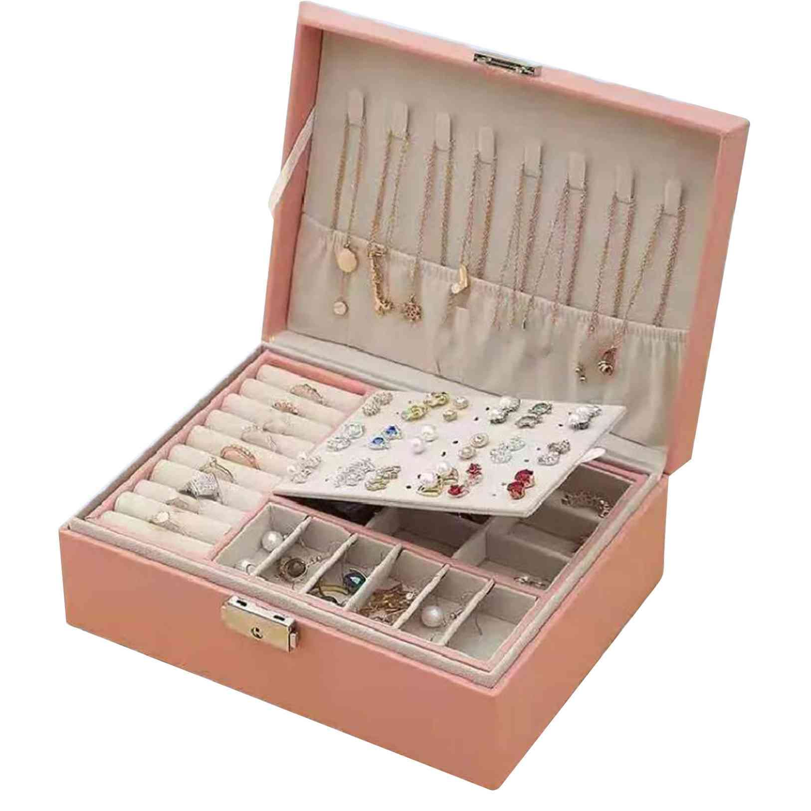 QBQBY Large Jewelry Box Organizer - Multi-Layer Display Tray & Storage Case for Rings, Earrings, Necklaces, Watches, Bracelets - Pink | Perfect for Bedroom Vanity, Travel & Gift Giving