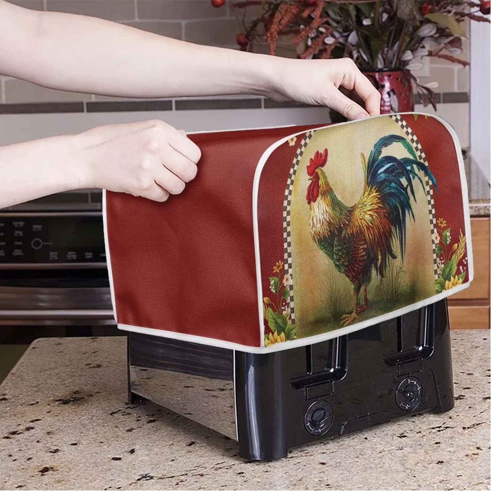 Sunflower Rooster Toaster Cover for 4-Slice Toaster - Cute Chicken Print Kitchen Appliance Dust Protector for Microwave & Bread Maker - Perfect for Farmhouse & Country Style Kitchens