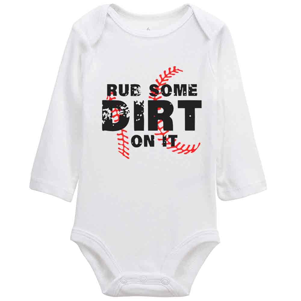 Funny Softball Baseball Baby Romper Bodysuit - 'Rub Some Dirt On It' Long Sleeve Outfit for Boys & Girls | Perfect for Game Day, Team Photos & Sports-Themed Parties