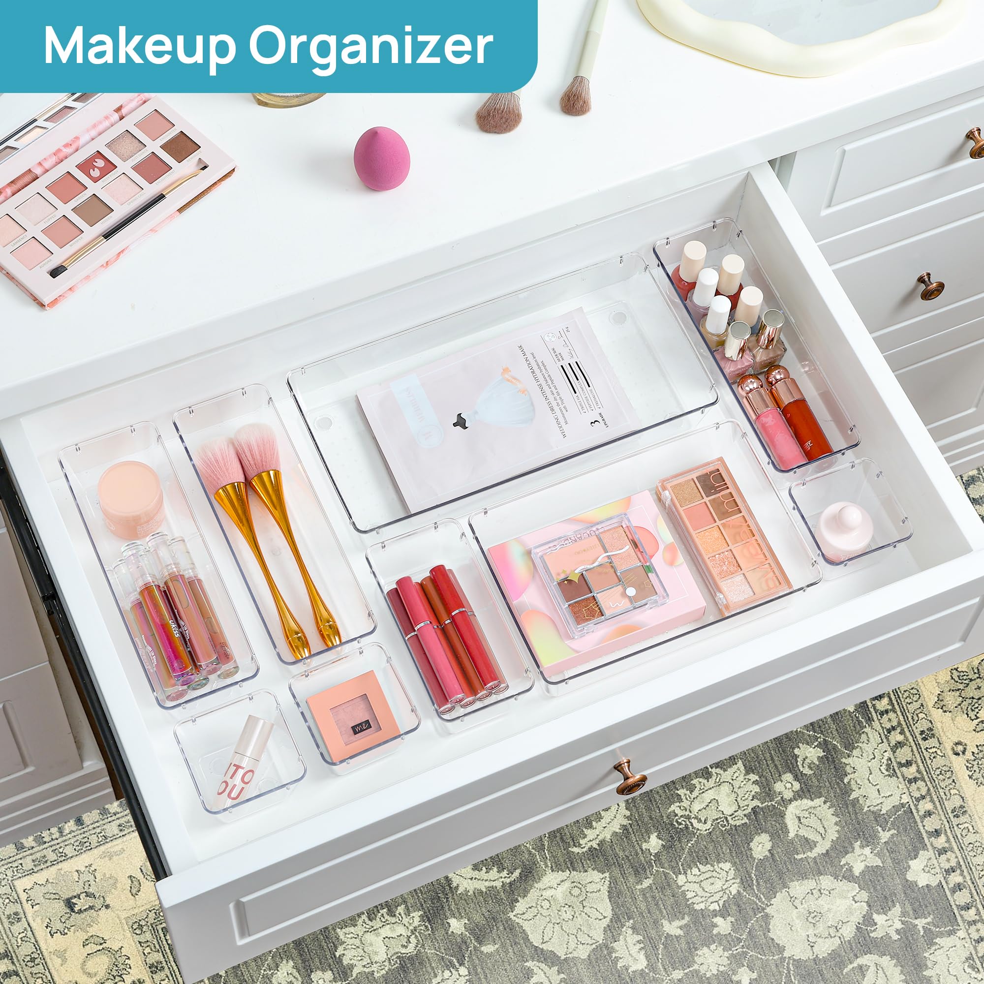 Vtopmart 88-Piece Clear Plastic Drawer Organizer Set - 5-Size Bathroom & Kitchen Storage Bins for Makeup, Vanity, Utensils, Office Supplies - Perfect for Home Organization & Decluttering