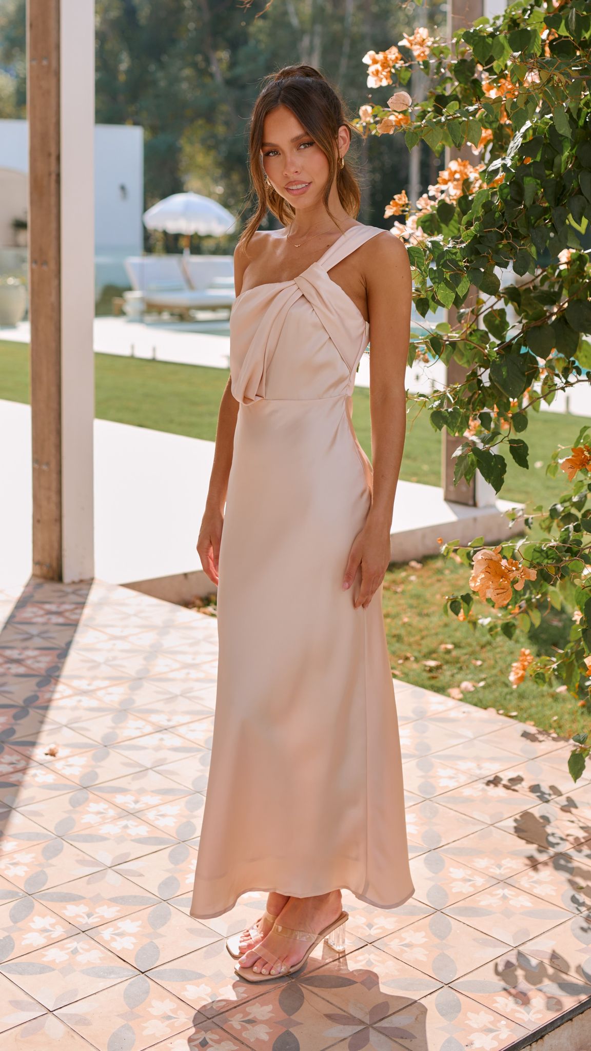 Greta Maxi Dress in Champagne - Elegant Long Flowy Dress for Women, Perfect for Weddings, Parties & Summer Outfits