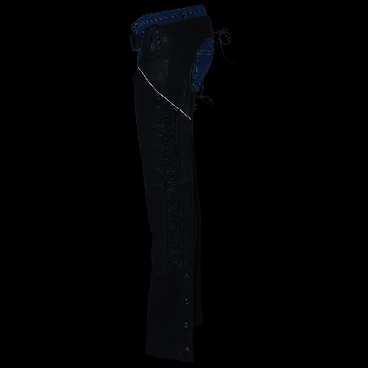 Milwaukee Women's Black Lightweight Goat Skin Motorcycle Chaps with Crinkled Stripes & Reflective Design - MLL6501 | Perfect for Riding, Biker Events & Outdoor Adventures
