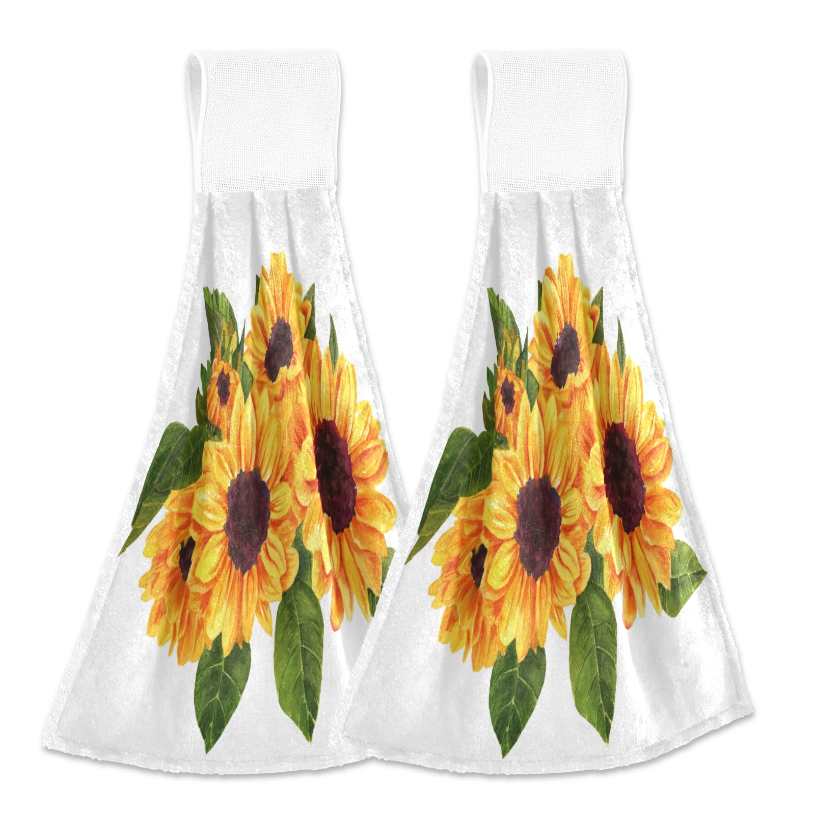 Boccsty Golden Yellow Sunflowers Hanging Kitchen Towels - 2-Piece Set with Green Leaves Hand-Painted Design | Dish Cloths, Hand Towels & Tea Towels for Farmhouse Kitchen, Bathroom Decor | Perfect for Housewarming Gifts & Country Style Home Decor