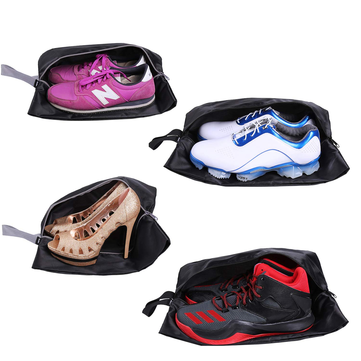 YAMIU Waterproof Travel Shoe Bags Set of 4 - Nylon Zipper Shoe Organizers for Men & Women (Black) - Perfect for Gym, Business Trips & Vacation Packing