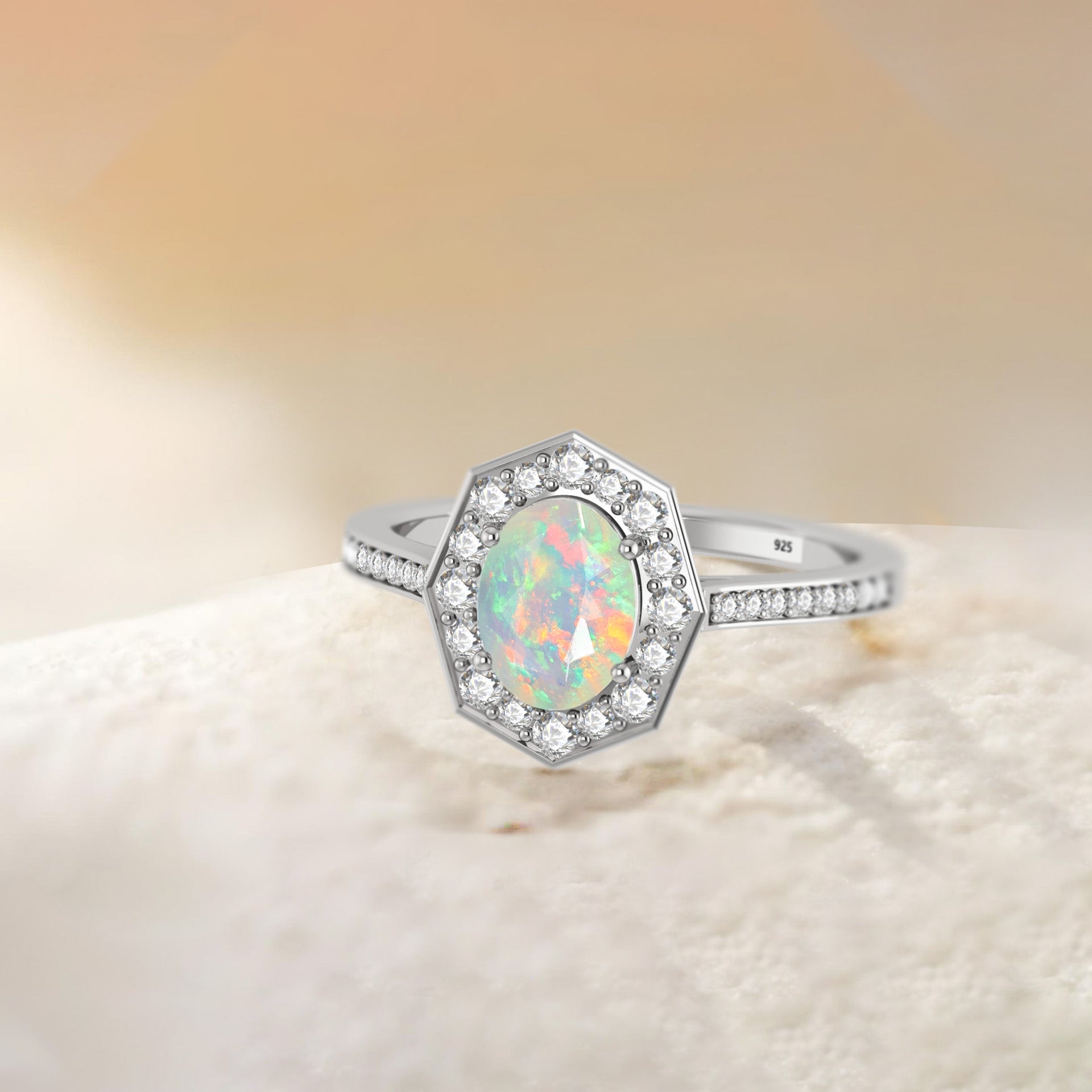 Natural White Opal and Zircon Halo Engagement Ring for Women - Elegant Wedding Band, Promise Ring, Anniversary Gift for Her - Perfect for Proposals, Valentine's Day, and Special Occasions
