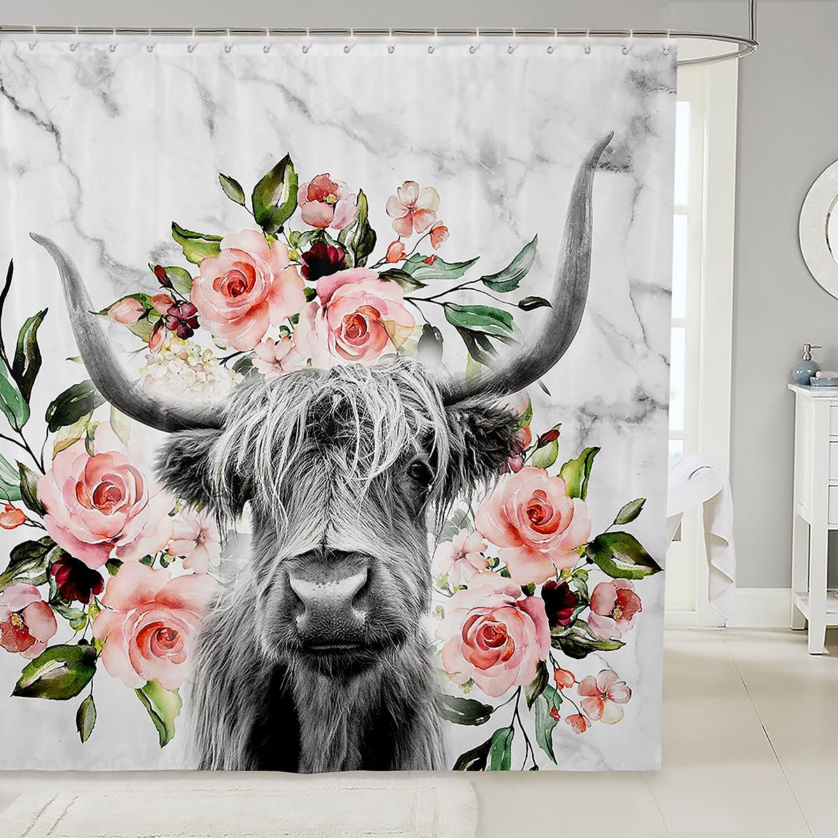 Highland Cow Shower Curtain - Funny Western Animal Print Bathroom Decor with Rose Grey Marble Design, 72x72 Inches, Waterproof Fabric - Perfect for Farmhouse, Rustic or Wildlife Themed Bathrooms