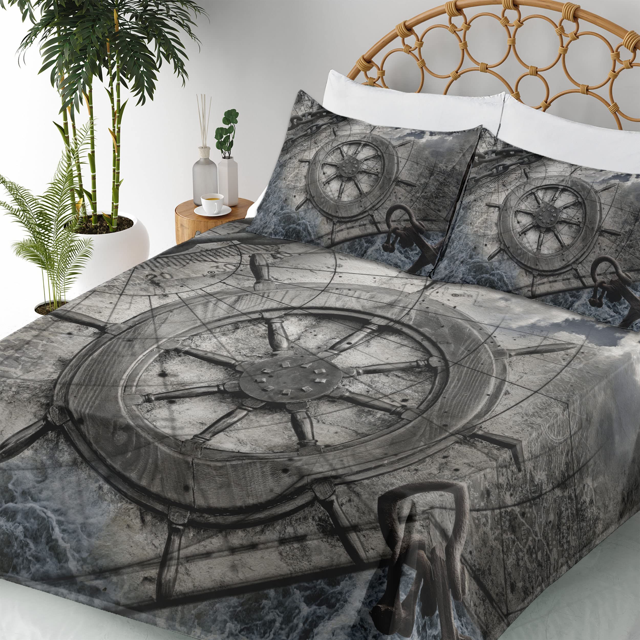 Ambesonne Nautical Themed 3-Piece Bed Sheet Set - Retro Ships Wheel, Anchor & Navigation Charts Design, Twin XL, Charcoal Gray | Perfect for Coastal Decor, Sailor's Bedroom & Maritime Theme Rooms