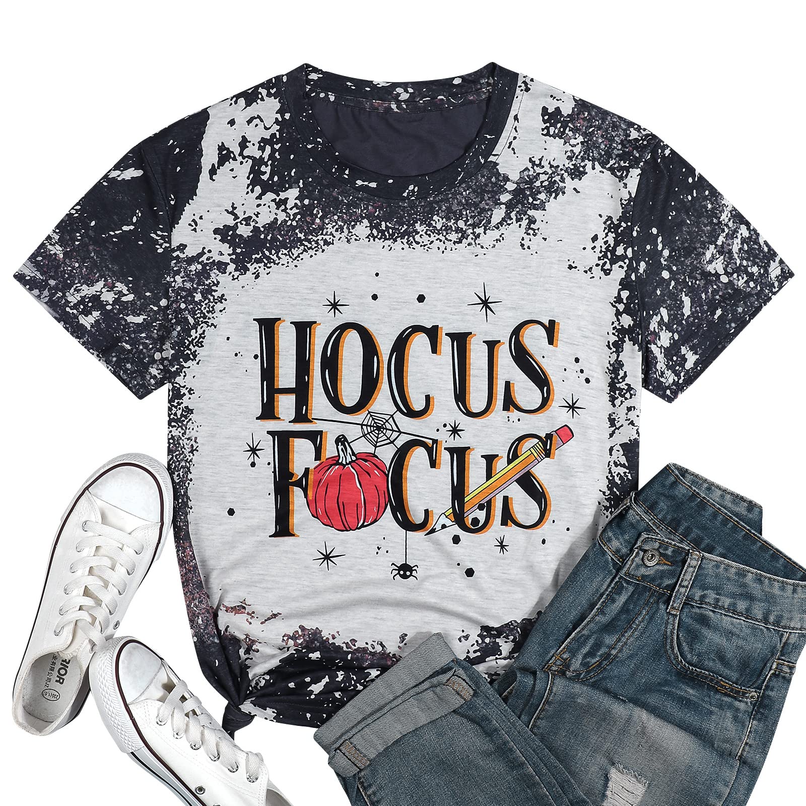 Funny Hocus Pocus Halloween T-Shirt for Women - Short Sleeve Graphic Tee - Creamy Cotton - Perfect for Halloween Costumes, Teacher Apparel & Witchy Outfits