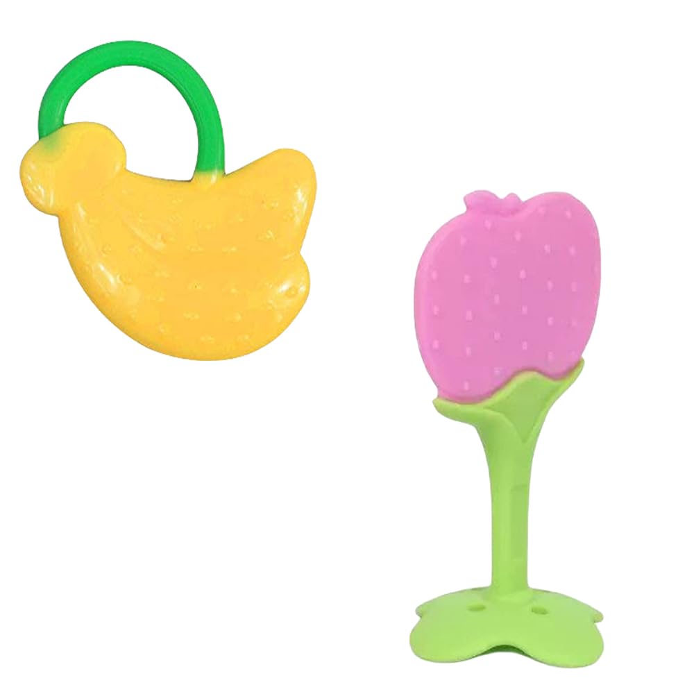 Kritiu Fruits Teether & Teether Combo - BPA-Free Silicone Baby Teething Toy for 0-12 Months | Soft & Safe Infant Gum Massager | Yellow Banana & Pink | Perfect for Soothing Sore Gums & Promoting Oral Development