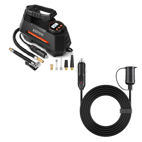 AstroAI Portable Air Compressor Tire Inflator with Digital Pressure Gauge & 12FT Cigarette Lighter Extension Cord - Fast Car Tire Pump for Emergency, Road Trips, and Home Use