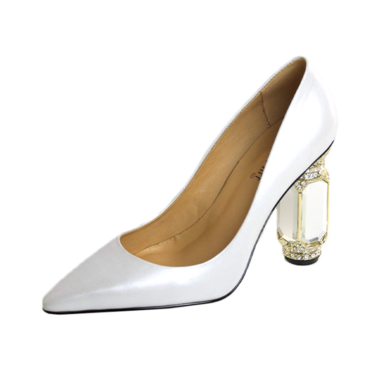 FSJ Women's Crystal Embellished Leather Chunky High Heel Pumps - Pointed Toe Slip-On Dress Shoes for Wedding, Party & Evening Events (US Size 4-12) - Perfect for Bridal, Prom, Cocktail Parties & Formal Occasions