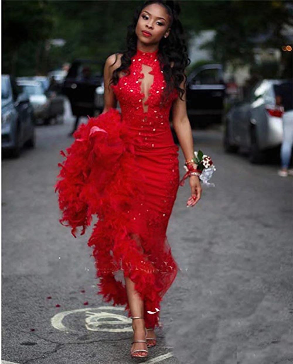 Elegant High Neck Mermaid Prom Dress with Lace Appliques & Feather Details - Sexy Backless Long Evening Gown for Formal Parties, Homecoming, and Special Occasions