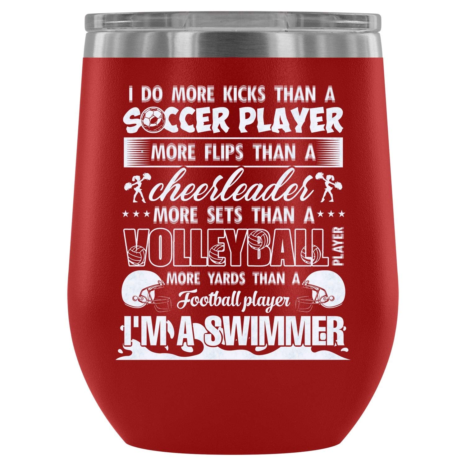 Stainless Steel Vacuum Insulated Stemless Wine Tumbler - 12oz Insulated Wine Glass with Cool 'I Am A Swimmer' Design - Perfect for Pool Parties, Beach Outings & Outdoor Wine Drinking (Red)