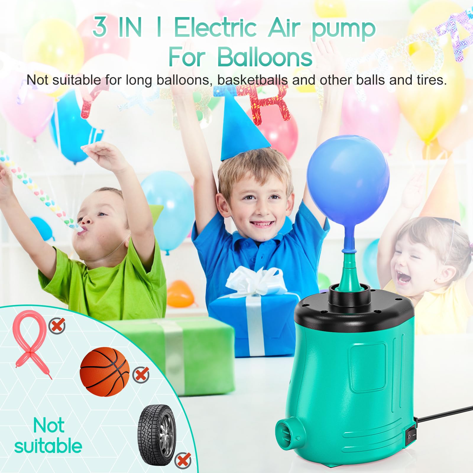 Electric Balloon Pump - 3-in-1 High Power Air Pump for Balloons, Inflatables & Pool Floats | 110-120V AC Blower for Party Decorations, Air Mattress & Beach Toys | Portable Quick Inflation Device for Birthdays, Weddings & Pool Parties