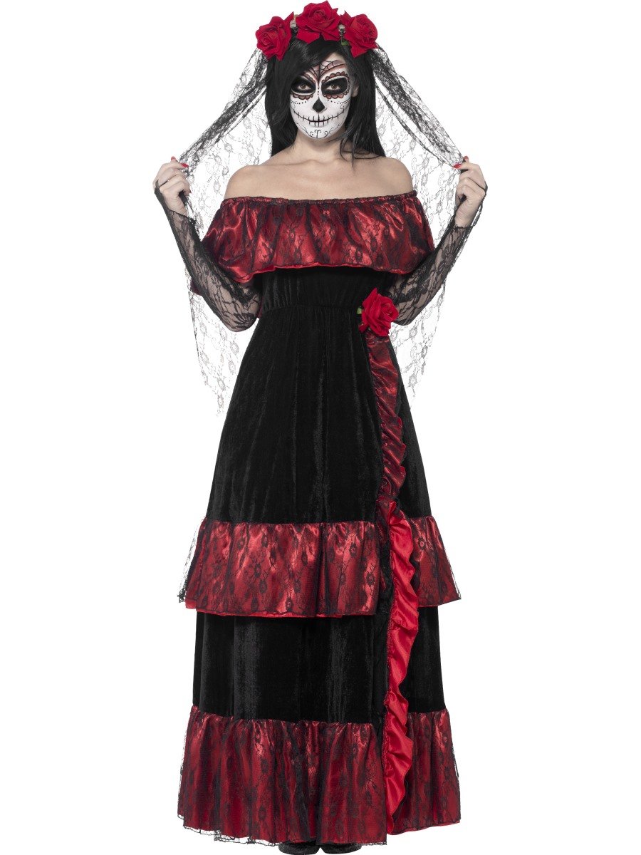 Smiffys Women's Day of The Dead Bride Costume - Mexican Sugar Skull Halloween Outfit for Dia de Los Muertos Party & Cosplay