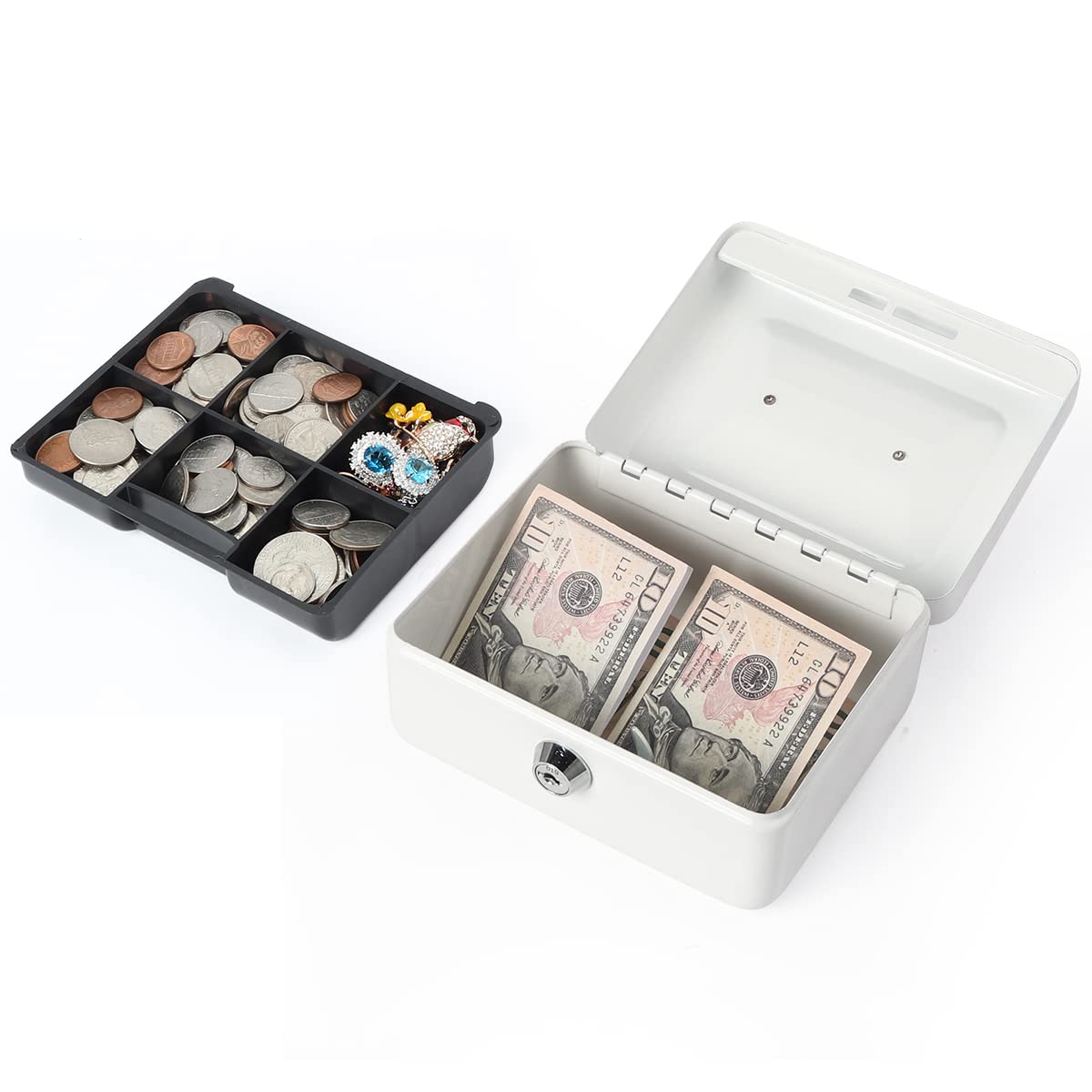 Small Lock Box with Money Tray - Portable Metal Cash Safe for Kids & Home Use - Secure Storage for Money, Jewelry & Valuables - Perfect for Piggy Bank, Allowance Savings & Home Office Organization (White)