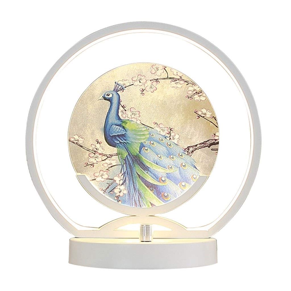 Romantic Peacock Decorative LED Desk Lamp - Round Wrought Iron Frame with Acrylic Lampshade, 24cm Diameter White Bedside Table Lamp - Perfect for Bedroom, Office, and Reading Nook Lighting