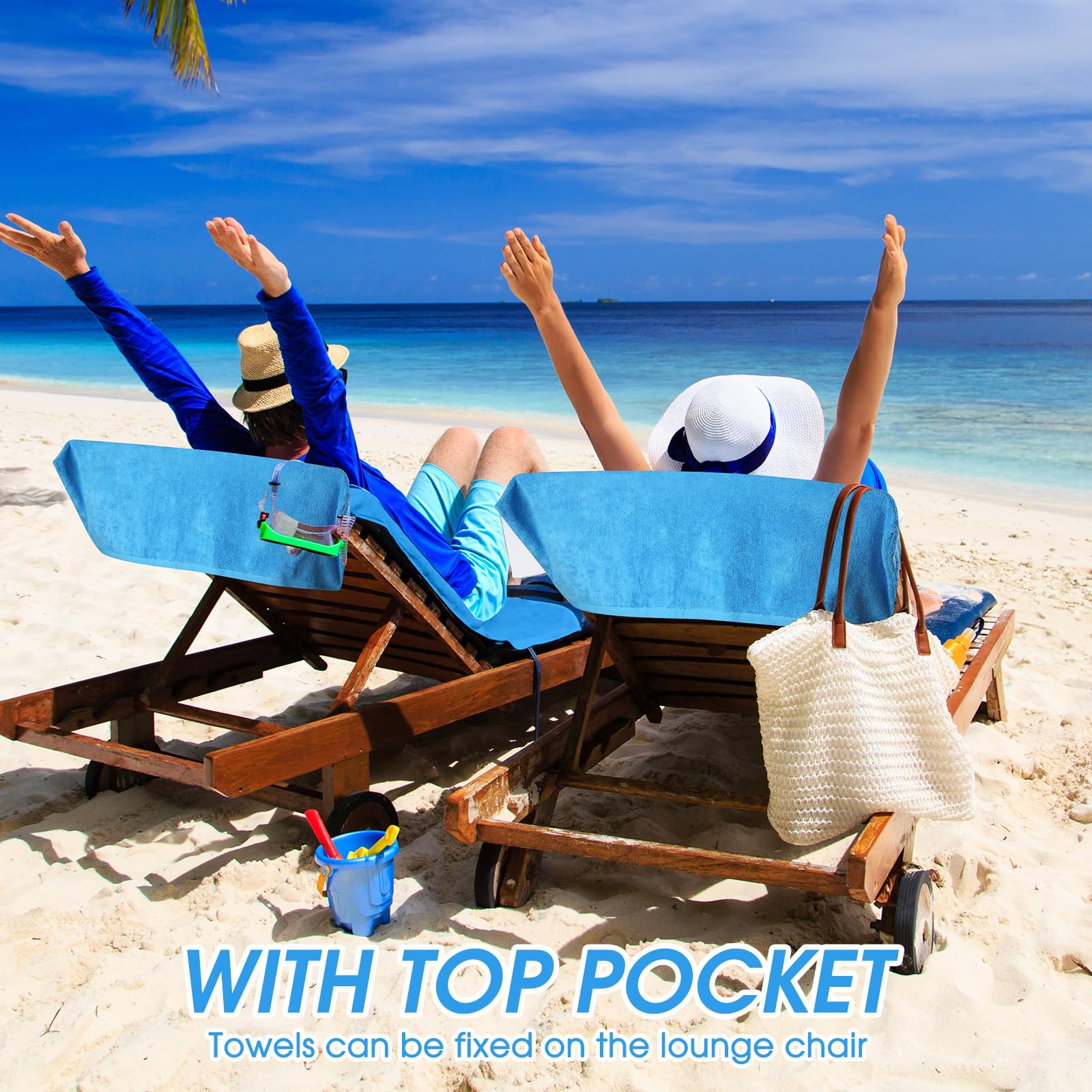 4 Pack Soft Cotton Beach Chair Covers with Side & Top Pockets - Breathable Lounge Chair Towel for Sunbathing, Travel, Poolside & Outdoor Use - Blue Chaise Lounge Towel Cover (Perfect for Beach, Backyard, Patio & Vacation)