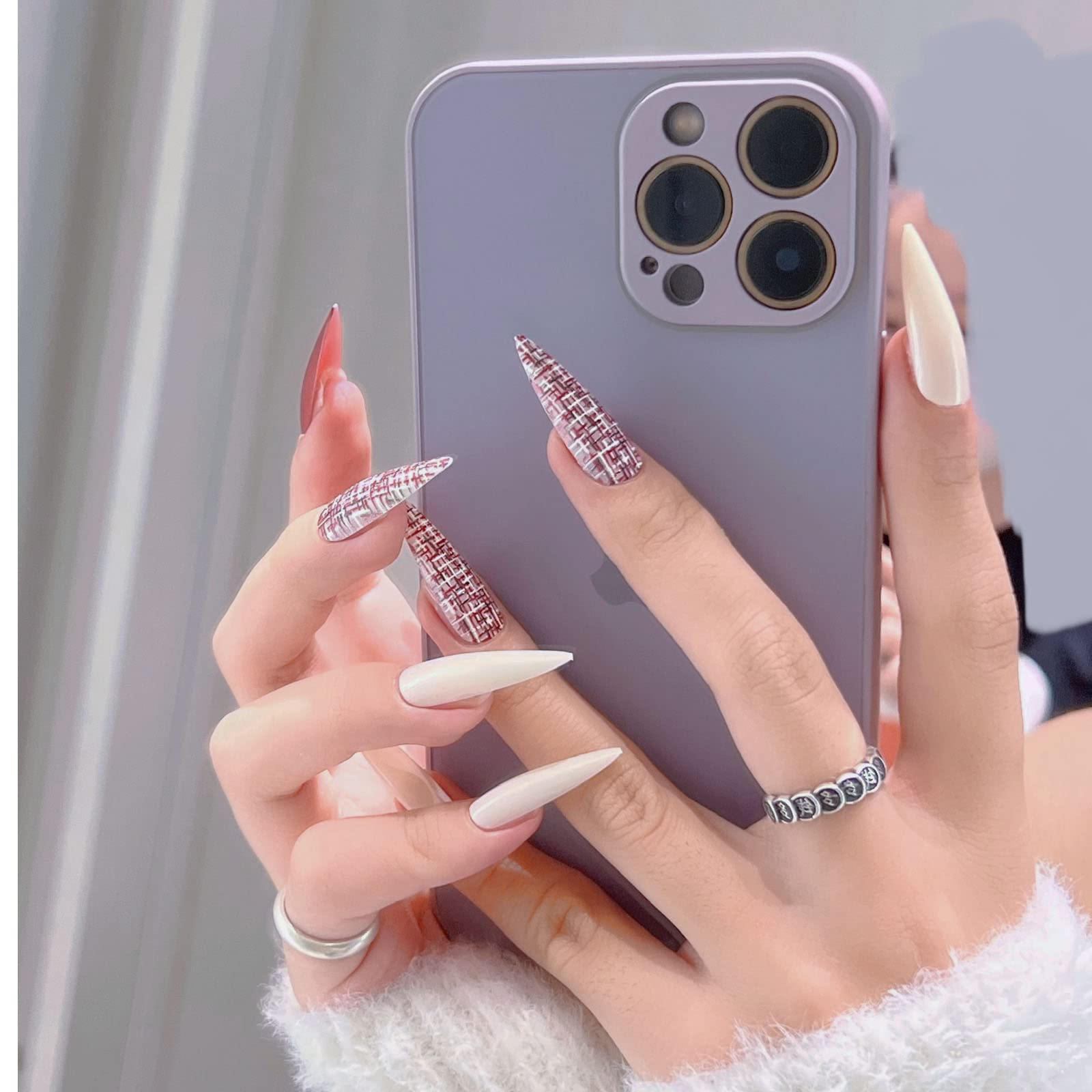 30PCS Solid Color Long Pointed Press on Nails - Glossy False Nails with 3D Embossing Plaid Designs for Women | Full Cover Stick on Fake Nails Kit (Milk White & Red) | Perfect for Parties, Weddings, Date Nights & Special Occasions