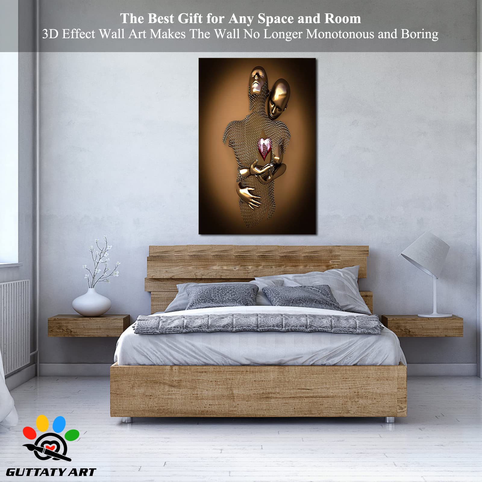 3D Metal Effect Love Heart Gray Gold Canvas Wall Art - Romantic Hugging Couple Painting for Bedroom & Living Room Decor - Valentine's Day Gift for Couples (32x48 Inches) - Perfect for Anniversary, Wedding & Home Interior Design