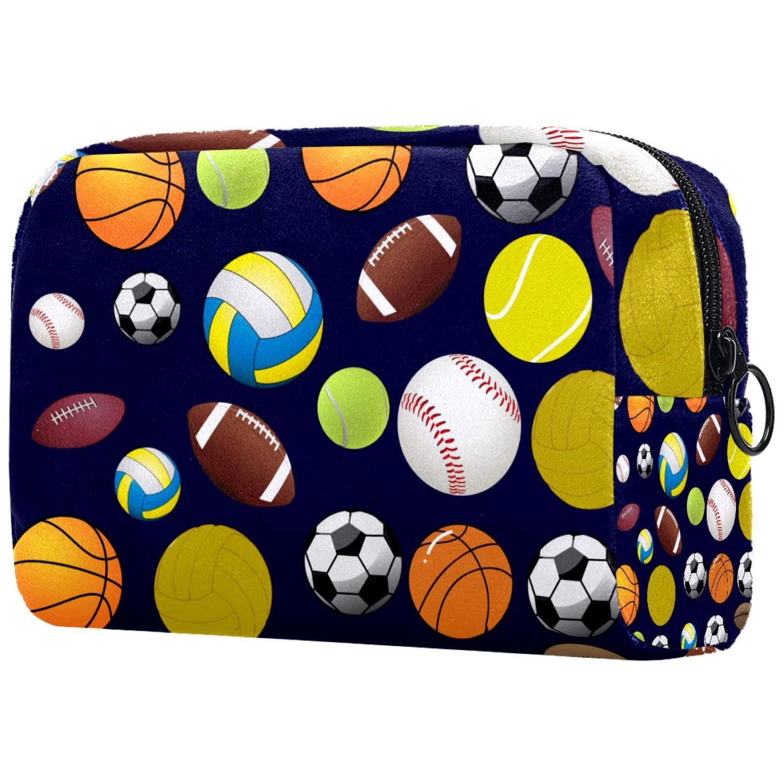 Stylish Small Makeup Bag for Women - Waterproof Travel Cosmetic Organizer with Sports Print (Basketball/Football/Volleyball/Tennis) - Perfect for Gym, Travel & Daily Essentials Storage