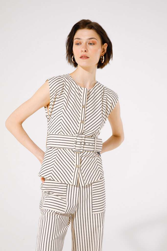 Jambo Belted Top for Women - Beige & Black Striped Tunic Blouse - Casual & Office Wear, Perfect for Work, Outings & Layering