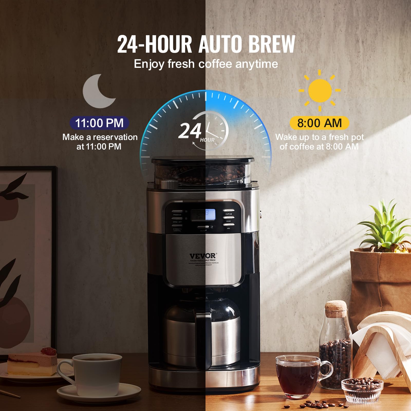 VEVOR 8 Cup Coffee Maker with Built-in Grinder, 3 Brew Strength Control & 24-Hour Auto Brew Timer - Perfect for Home, Office, and Restaurant Use