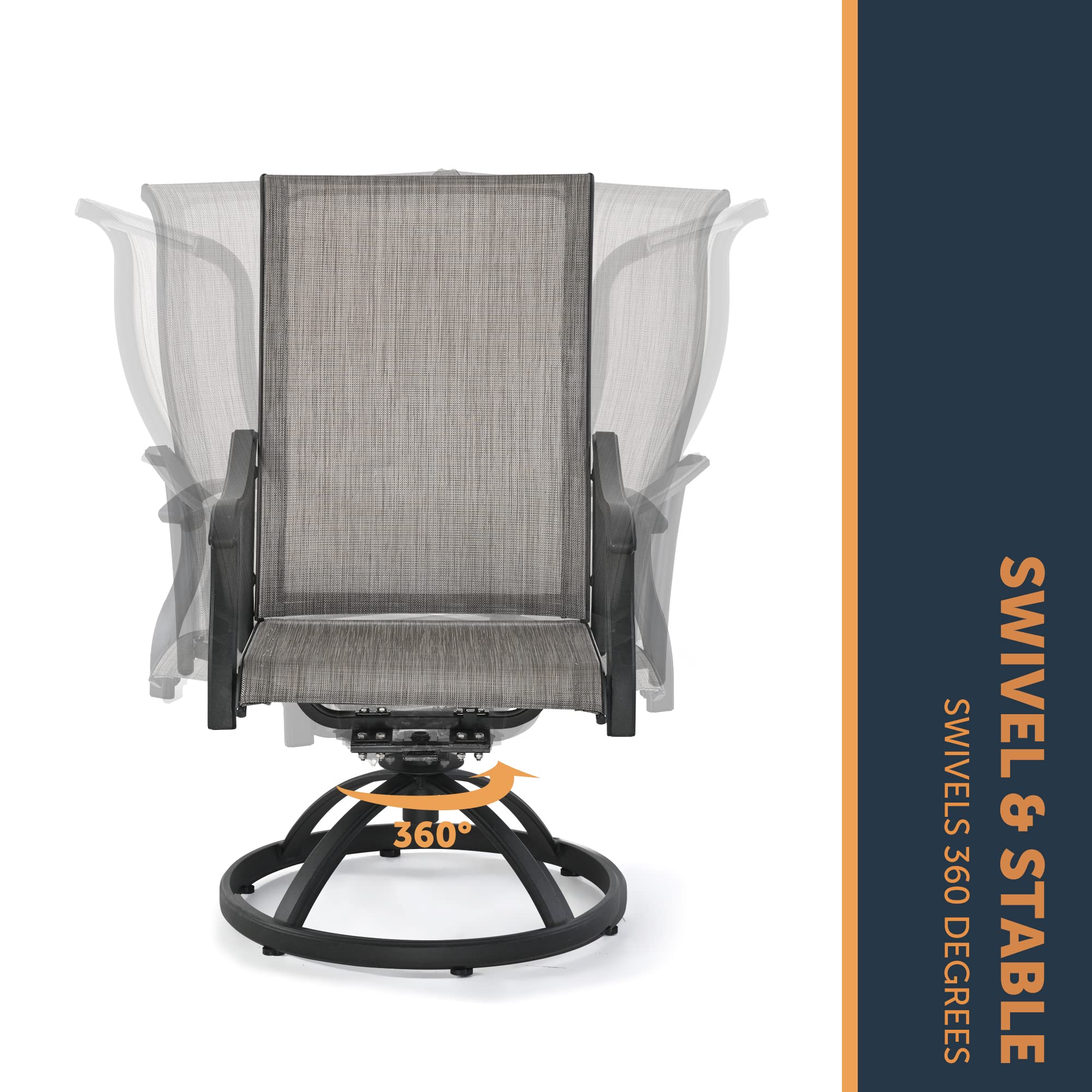 HAPPATIO 2-Piece Patio Dining Chairs Set - Outdoor Textilene Swivel Chairs with High Back & Armrests, Black Frame (Gray) - Perfect for Backyard, Poolside & Garden Relaxation