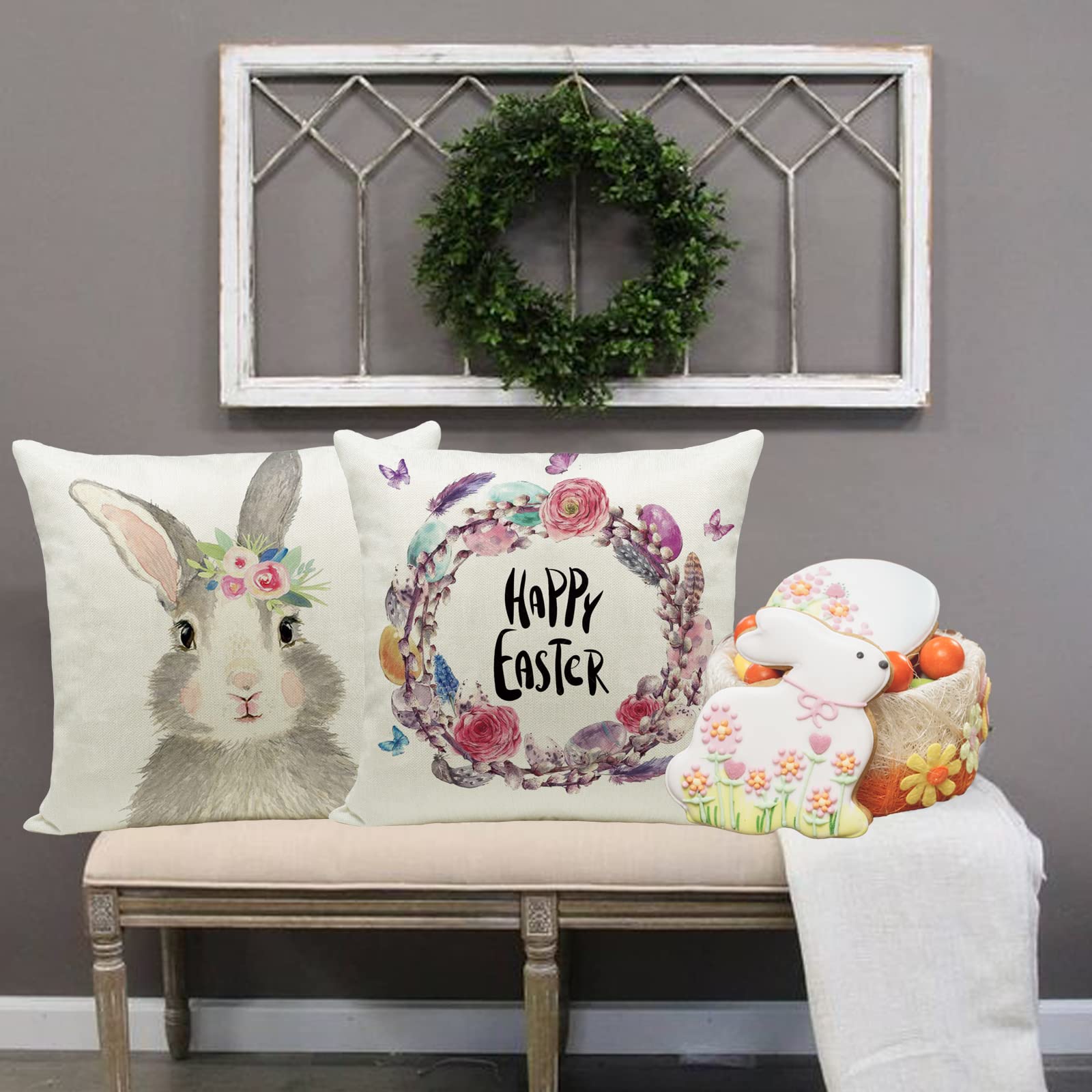 Easter Bunny Pillow Covers Set of 4 - 18x18 Inch Cotton Linen Square Throw Pillow Cases with Zipper Closure - Rabbit and Easter Egg Design for Spring Home Decor, Couch, Sofa, Bedroom, Living Room