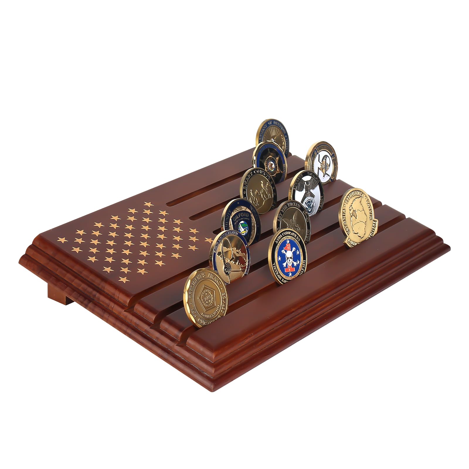 Samplife Military Challenge Coin Display - 6 Row Wooden Army Coin Rack Holder with American Flag - Solid Collectible Coin Stand for Military Medals, Police Badges & Commemorative Coins - Perfect for Home Office, Man Cave or Gift Display