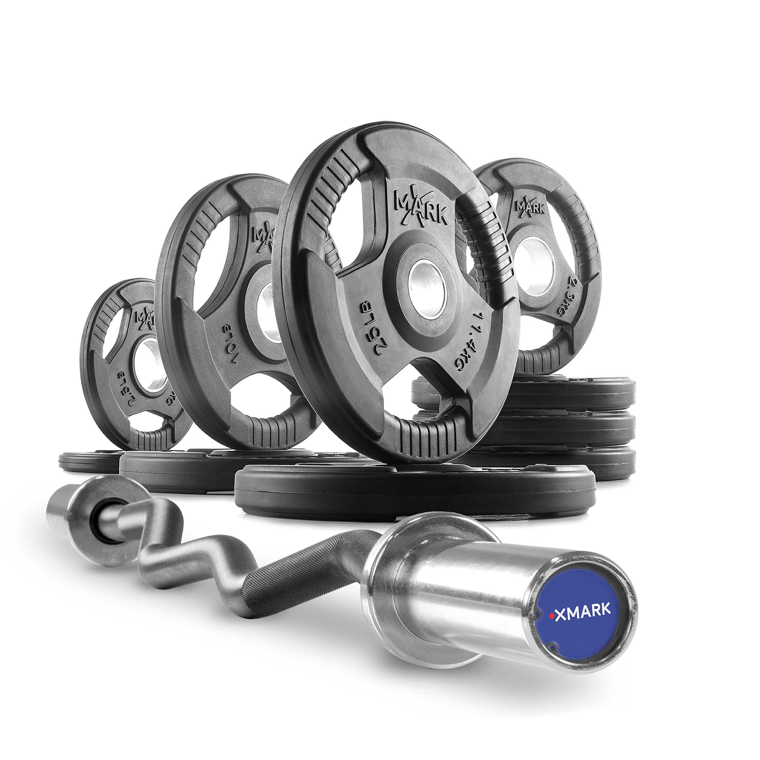 XMark EZ Curl Bar & Olympic Weight Set with Plates - Premium Home Gym Equipment for Strength Training & Muscle Building