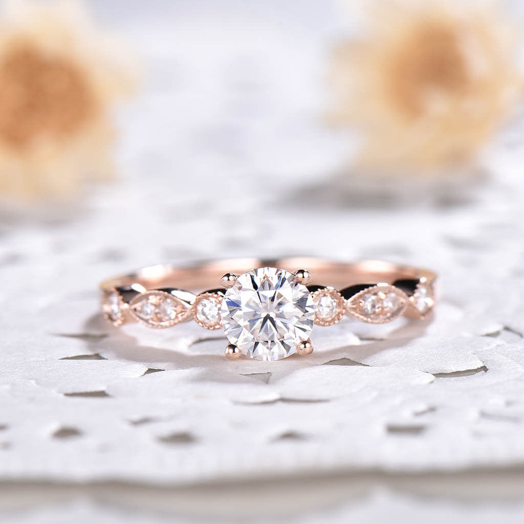 5mm Round Moissanite Marquise Diamond Engagement Ring - 14k/18k Rose Gold Wedding Band for Women - Classic 4 Prong Setting, Perfect for Proposals, Anniversaries & Bridal Jewelry