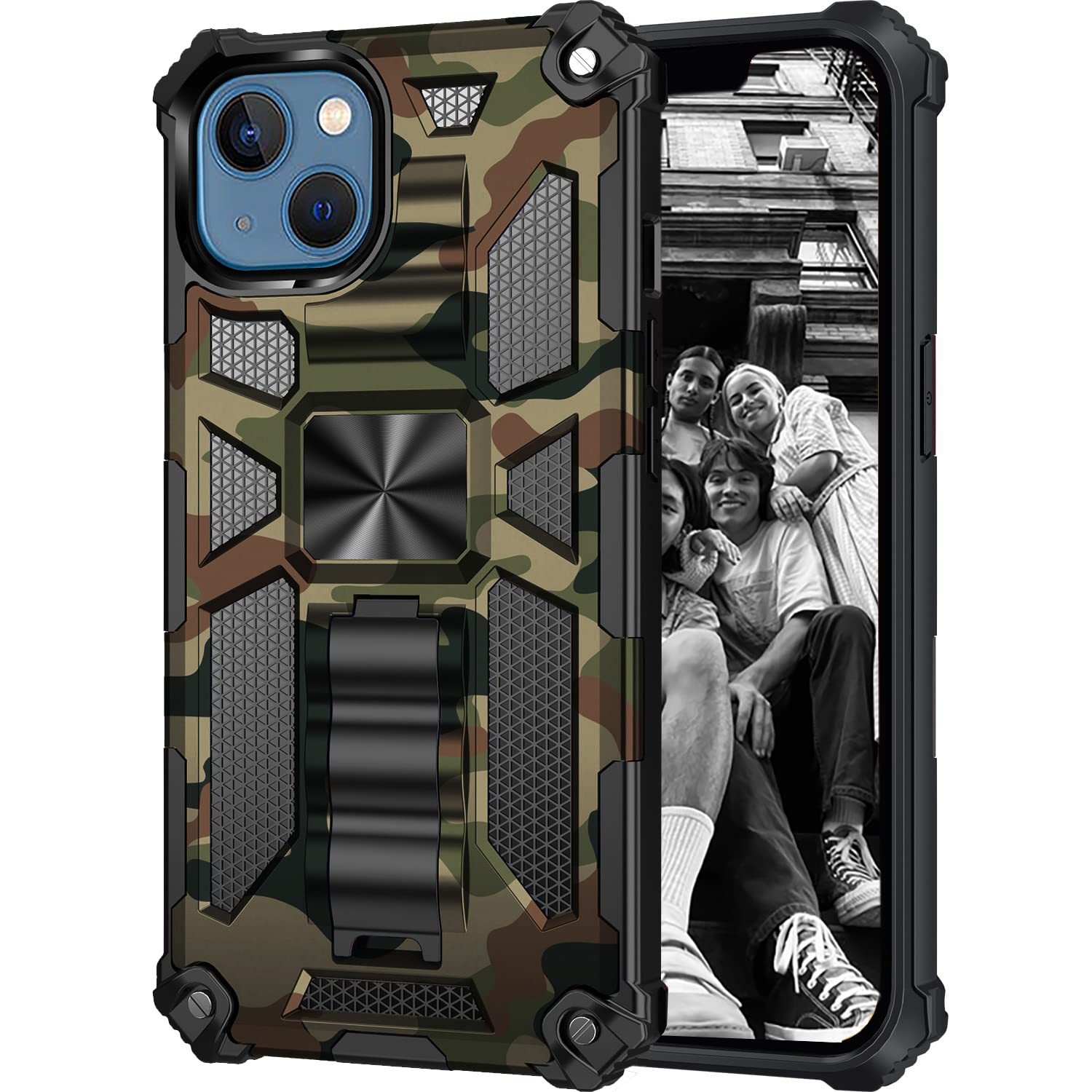 Rugged Military-Grade Shockproof iPhone 13 Case with Kickstand - Camouflage Army Green Protective Cover for Outdoor Adventures & Daily Use