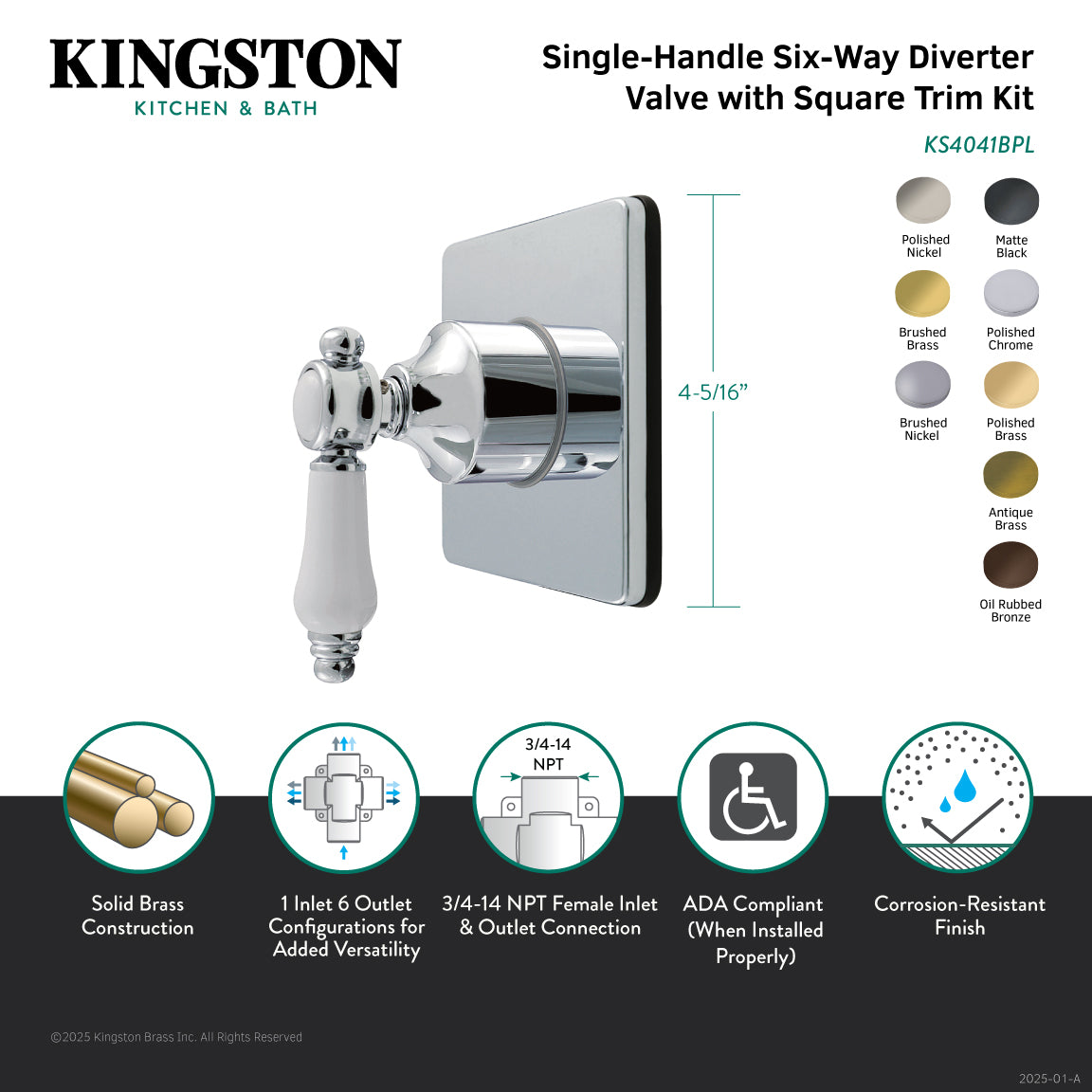 Bel Air KS4048BPL Single Handle 6-Way Diverter Valve with Square Trim Kit, Brushed Nickel - Perfect for Shower Systems, Bathtubs & Bathroom Renovations