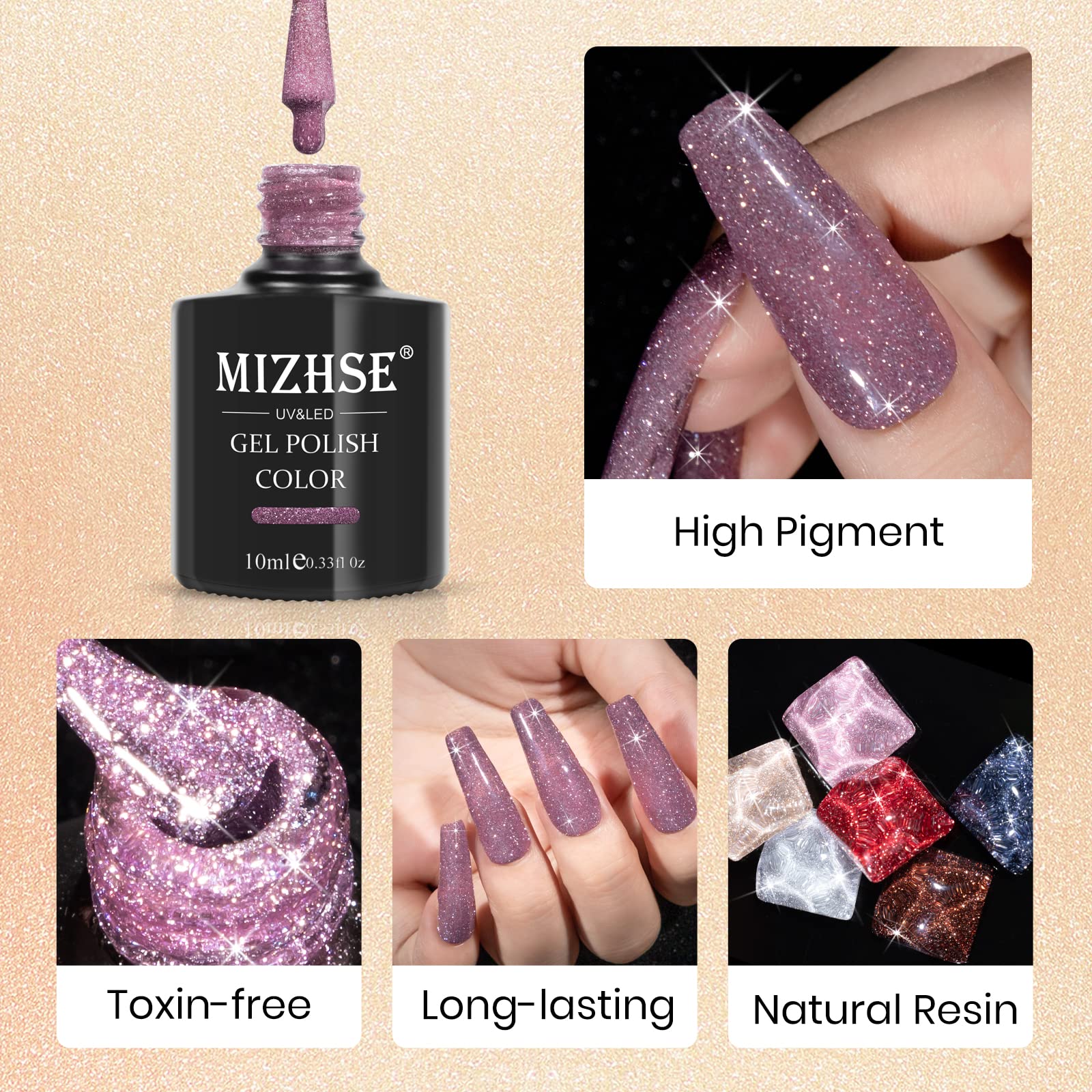MIZHSE Reflective Glitter Gel Nail Polish Set - 10ml Shimmery UV LED Soak Off Nail Art Varnish with Sparkly Shine | DIY Manicure Kit for Home Salon, Party & Special Occasions