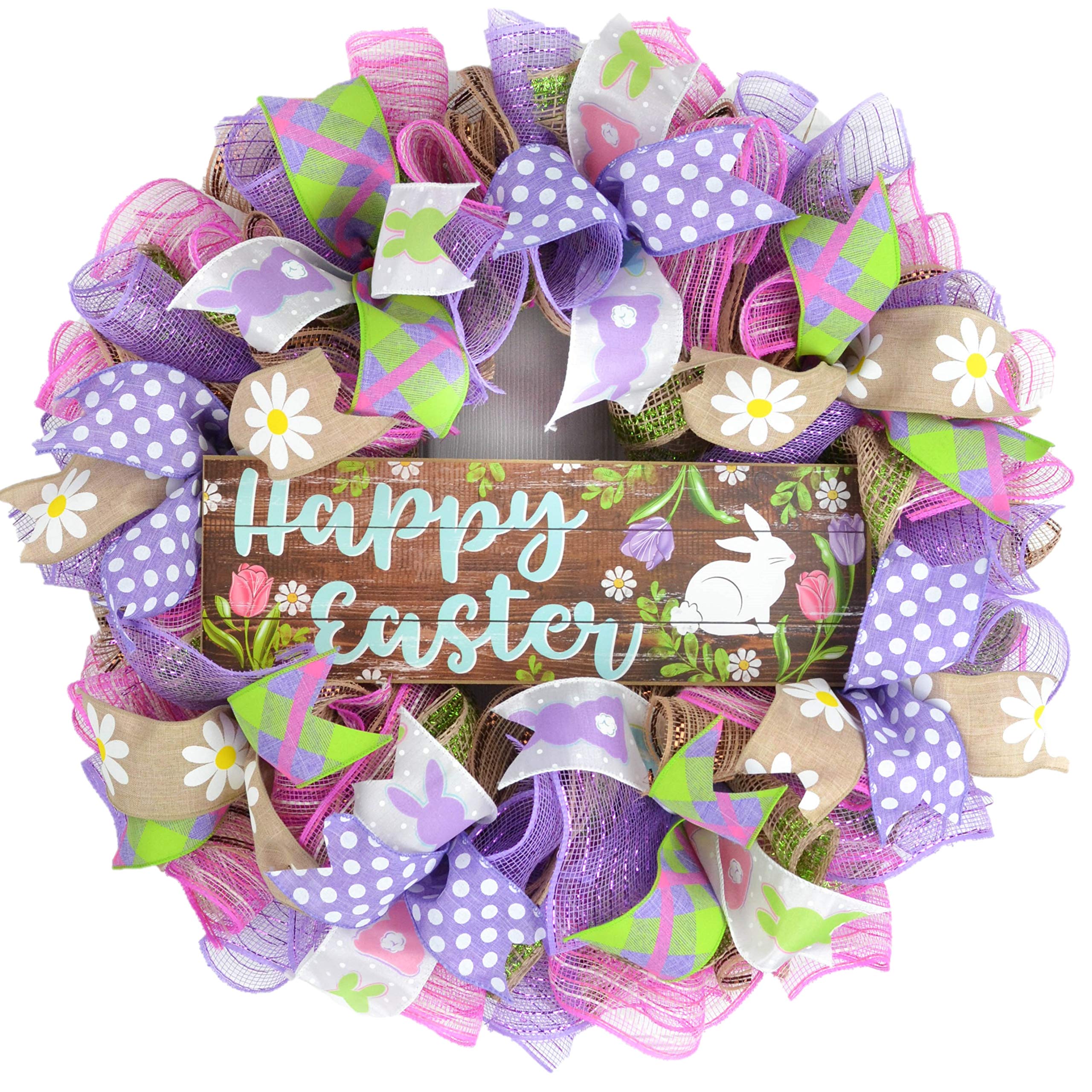 Easter Wreath for Front Door - Purple Jute Burlap Bunny Welcome Wreath with Pink Accents - Spring Home Decor for Easter Party, Front Porch & Indoor Wall Decoration