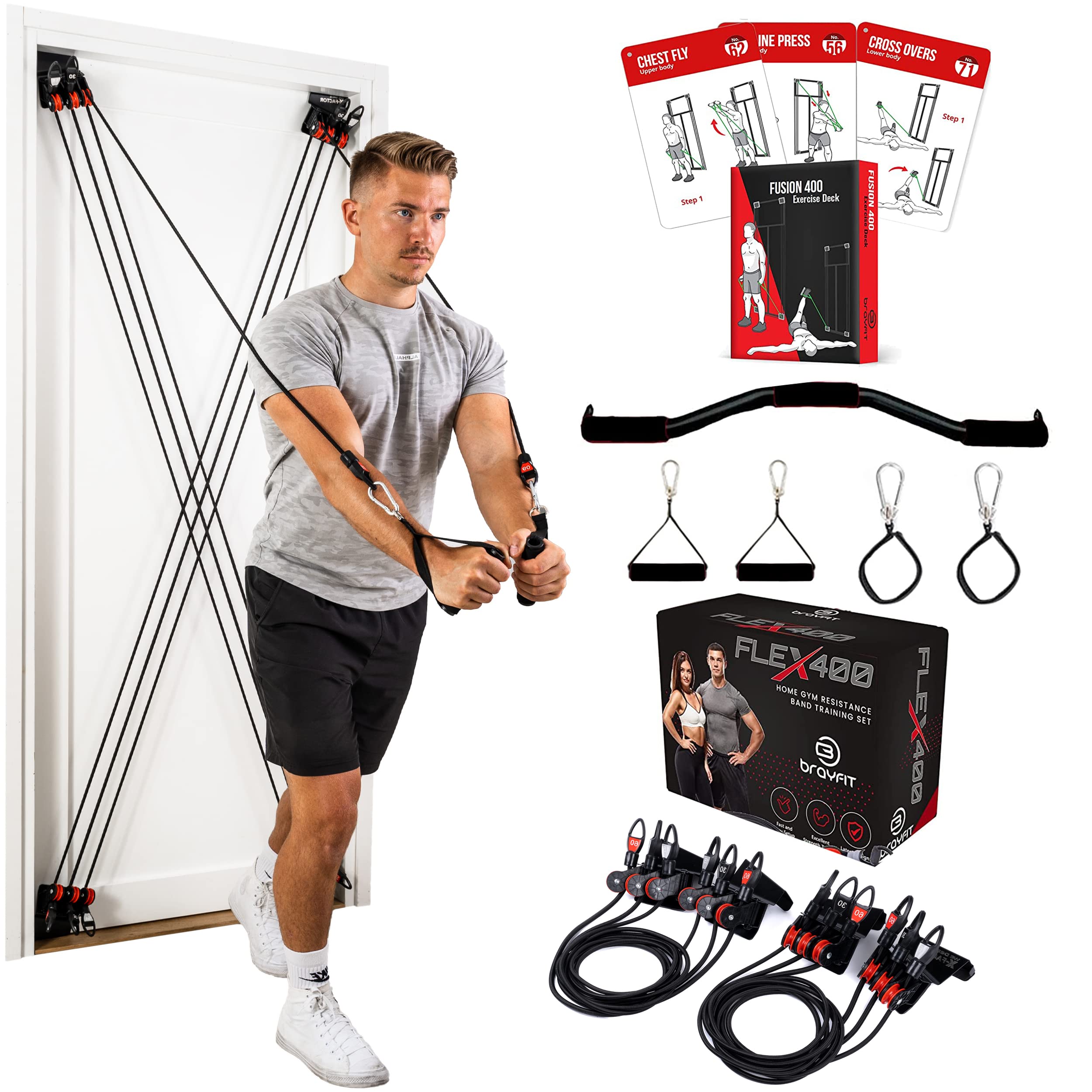 BRAYFIT FLEX400 Home Gym Equipment - Full Body Workout Door Gym with Squat Bar, Padded Handles, Heavy Resistance Bands & Wrist/Ankle Straps | Innovative Training Exercise Guide for Strength Training, Home Fitness & Small Space Workouts