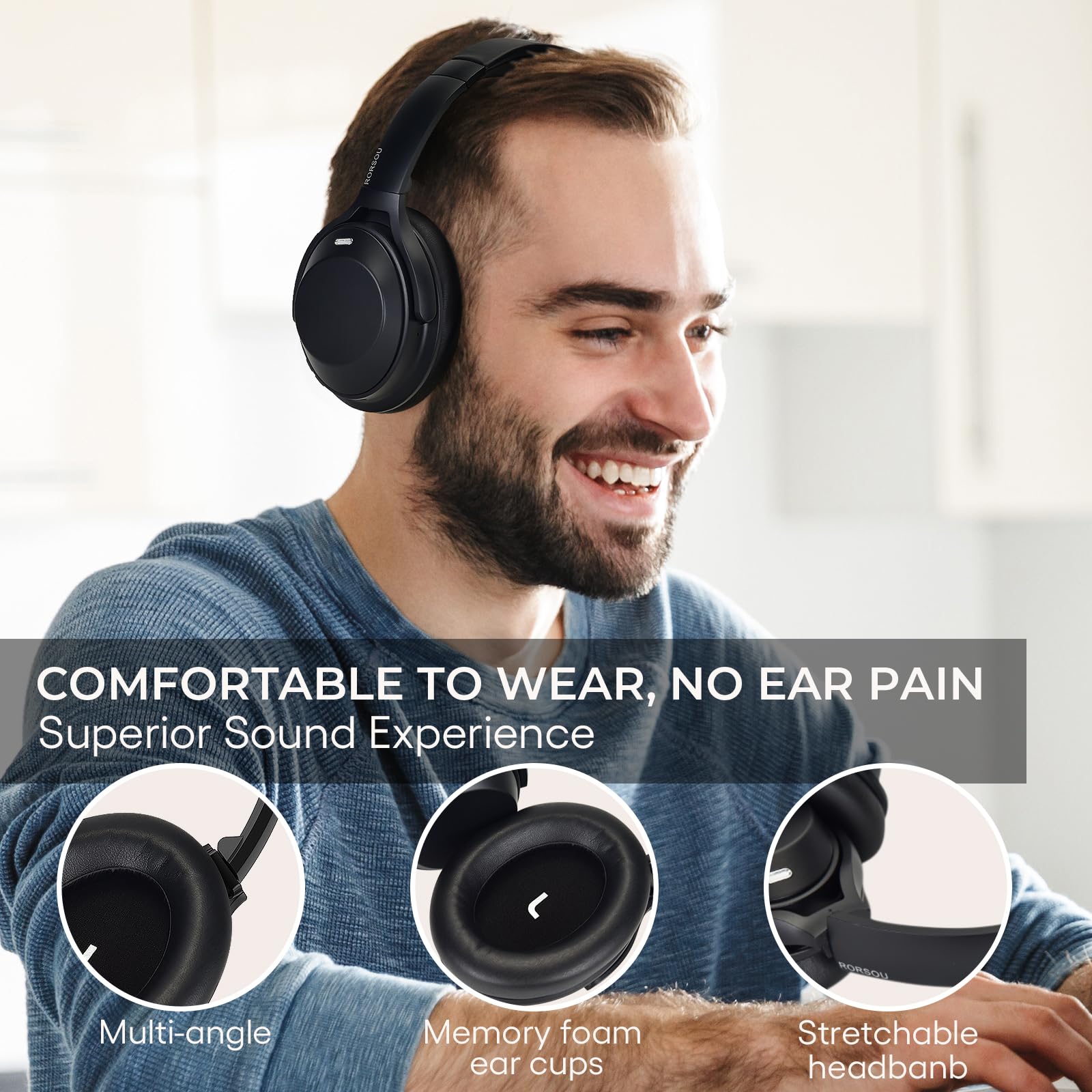 RORSOU A6 Hybrid Active Noise Cancelling Wireless Bluetooth Headphones with Mic, Transparent Mode & HiFi Stereo Sound - Over Ear Headset with Memory Foam Ear Cups, Low Latency for Gaming & Travel (Black) - Perfect for Commuting, Office Work & Music Lovers