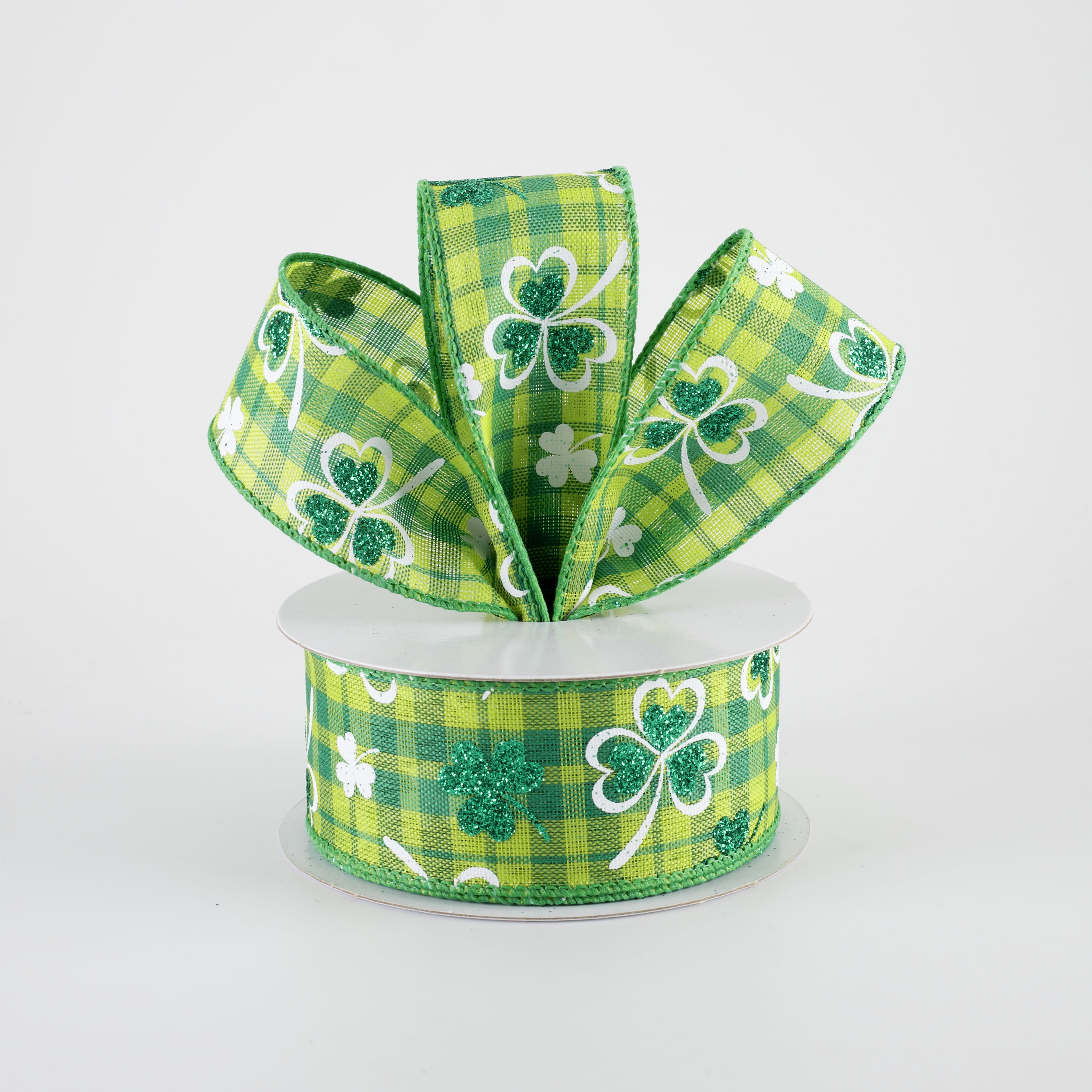 1.5 Inch Glitter Shamrocks on Green Plaid Ribbon - 10 Yards Bulk Roll for St. Patrick's Day Decorations, DIY Crafts, Gift Wrapping & Party Supplies