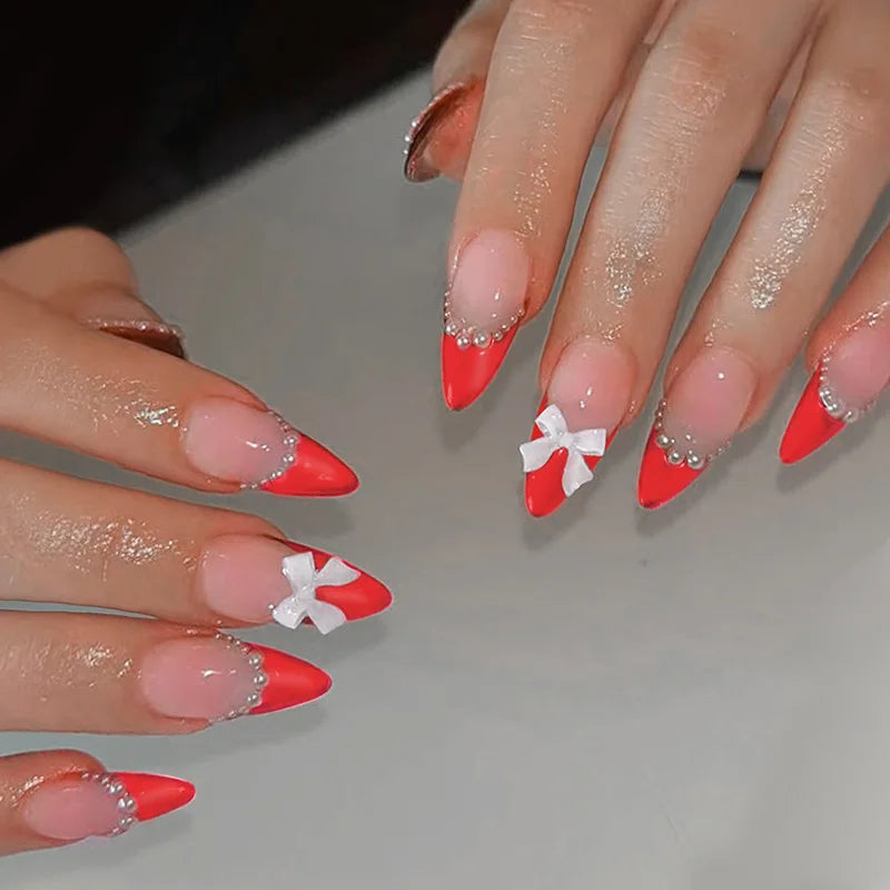 24Pcs Dark Red Almond False Nails with 3D Metal Bow Designs - French Tip Press on Nails - Full Cover Artificial Nails for Women - Perfect for Valentine's Day, Weddings & Special Occasions