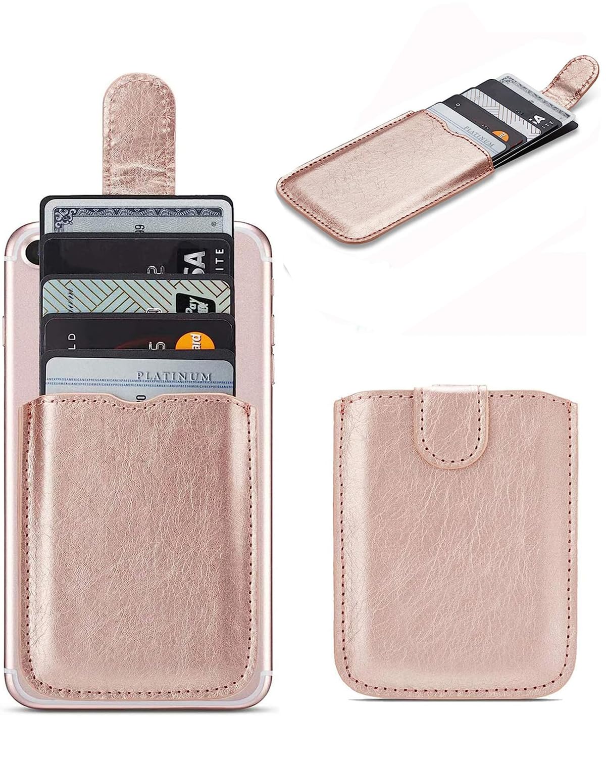 RFID Blocking Phone Card Holder - PU Leather Stick-On Wallet with 5 Card Slots for iPhone, Android & All Smartphones (Rose Gold) | Secure Credit Card Storage for Everyday Use, Travel & Contactless Payment Protection