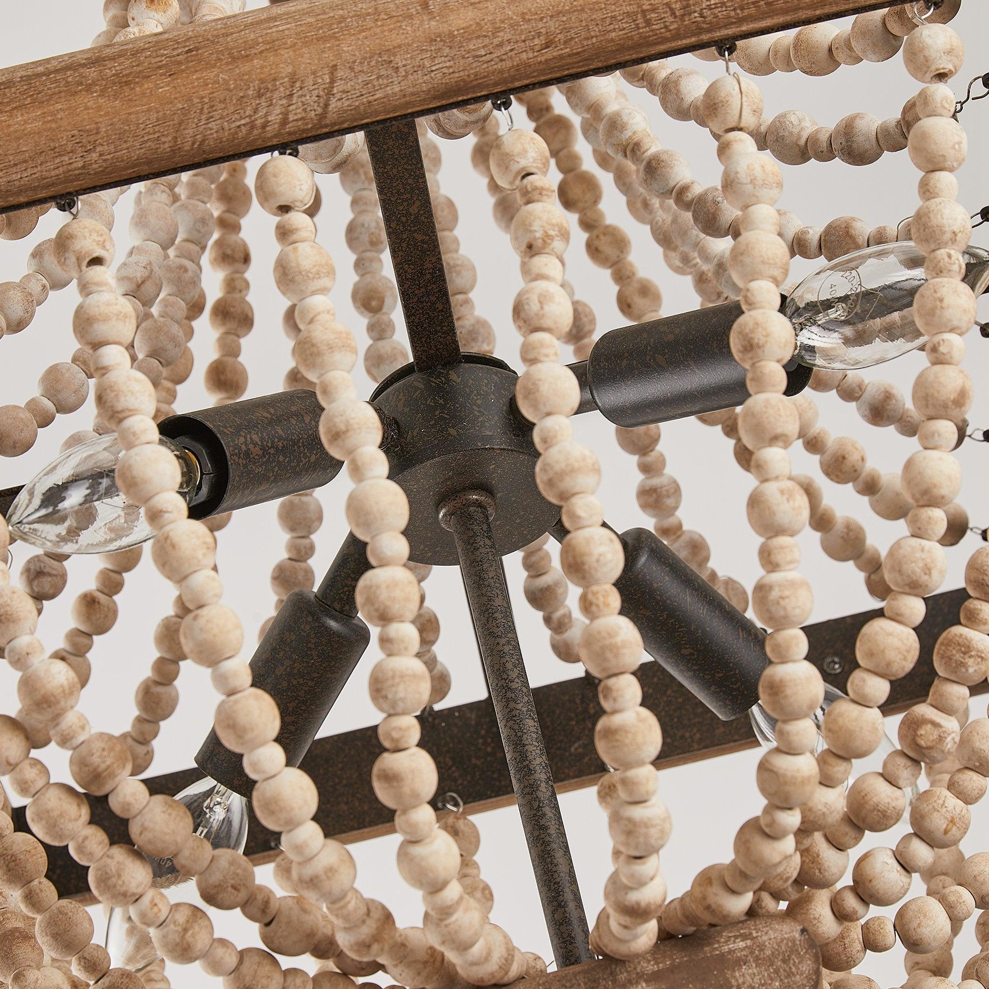 Regas 4-Light Wood Bead Candle Style Chandelier - Rustic Farmhouse Ceiling Light Fixture for Dining Room, Bedroom, or Living Room Decor