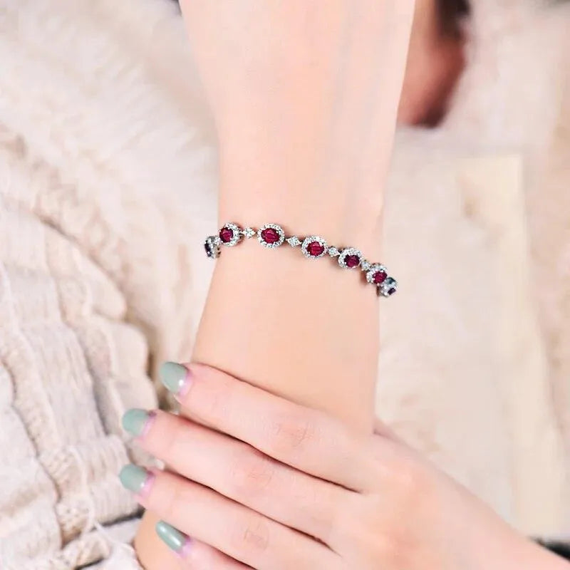 Luxury 18K White Gold Ruby and Diamond Bracelet for Women - Genuine Natural Ruby & Diamond Engagement Jewelry, Perfect for Birthday Gifts, Anniversary & Special Occasions