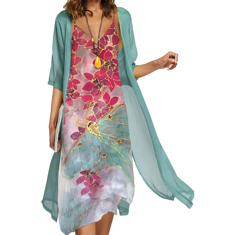 Floral Print Women's Two-Piece Midi Dress Set with Chiffon Cardigan - Plus Size Sleeveless Wedding Guest Outfit for Bridal Shower, Garden Party & Summer Events